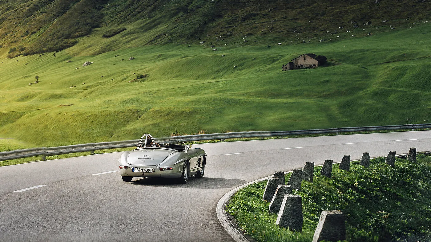 Mercedes 300 SL on an alpine road